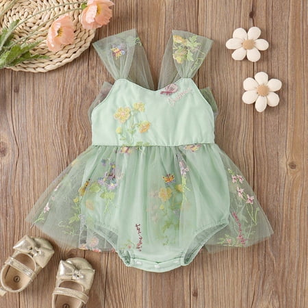 ZHOGXU Infant Newborn Girls Romper Sleeveless Floral Embroider Backless Comfortable Soft Fashion Bodysuits For Daily Wear Green 9-12 Months