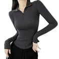 thumbnail image 2 of Tiqkatyck Womens Long Sleeve Shirts, Women's Casual Elastic Long Sleeve Slim Fitting Half Zippered Lapel Solid Color T Shirt Crewneck Sweat Shirts, Women Summer Tops Grey M, 2 of 7