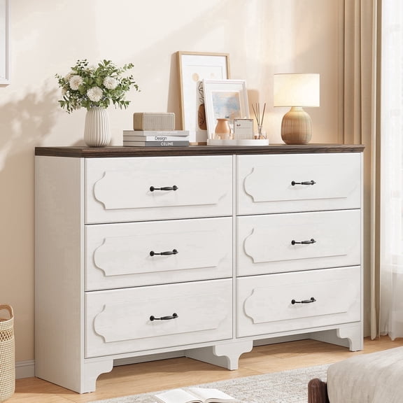 Modern 6-Drawer Dresser White Finish Wide Horizontal Profile