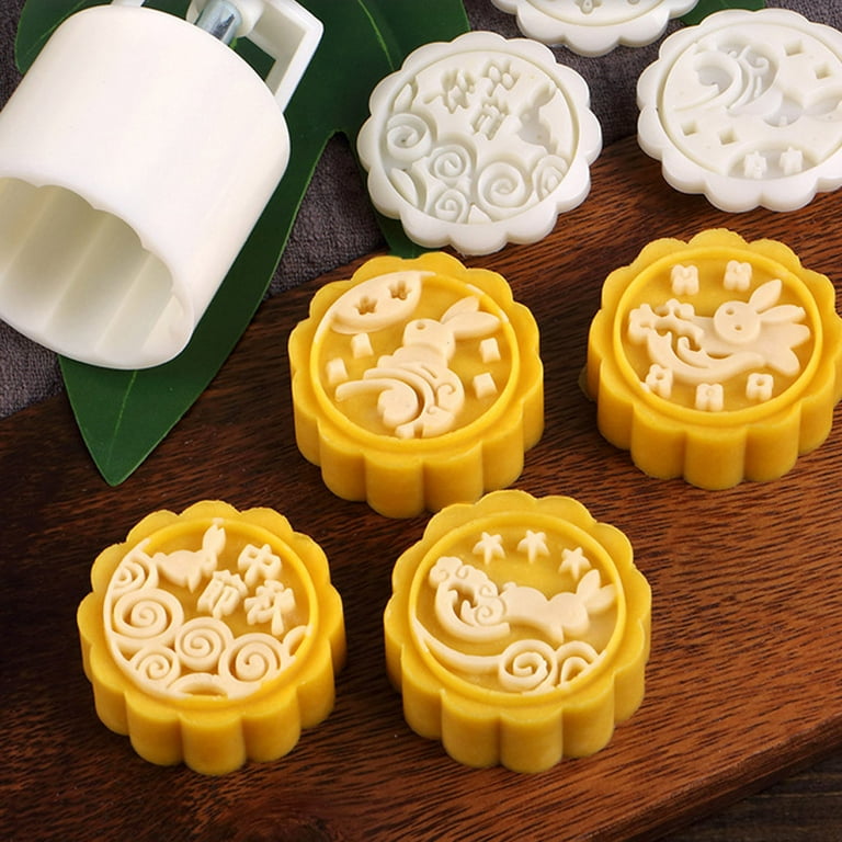 Mooncake Press Molds,Mid Autumn Festival Mooncake Mold Set 50g Flower Moon  Cake Mold with 6Pcs Stamps (White)