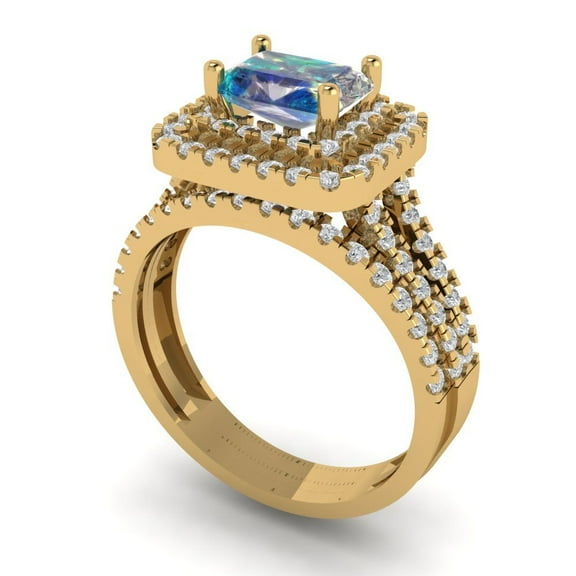 3.05ct Brilliant Emerald Cut Blue Moissanite 14K Yellow Gold Halo Solitaire with Accents Engagement Bridal Wedding Ring Band Set size 6.25