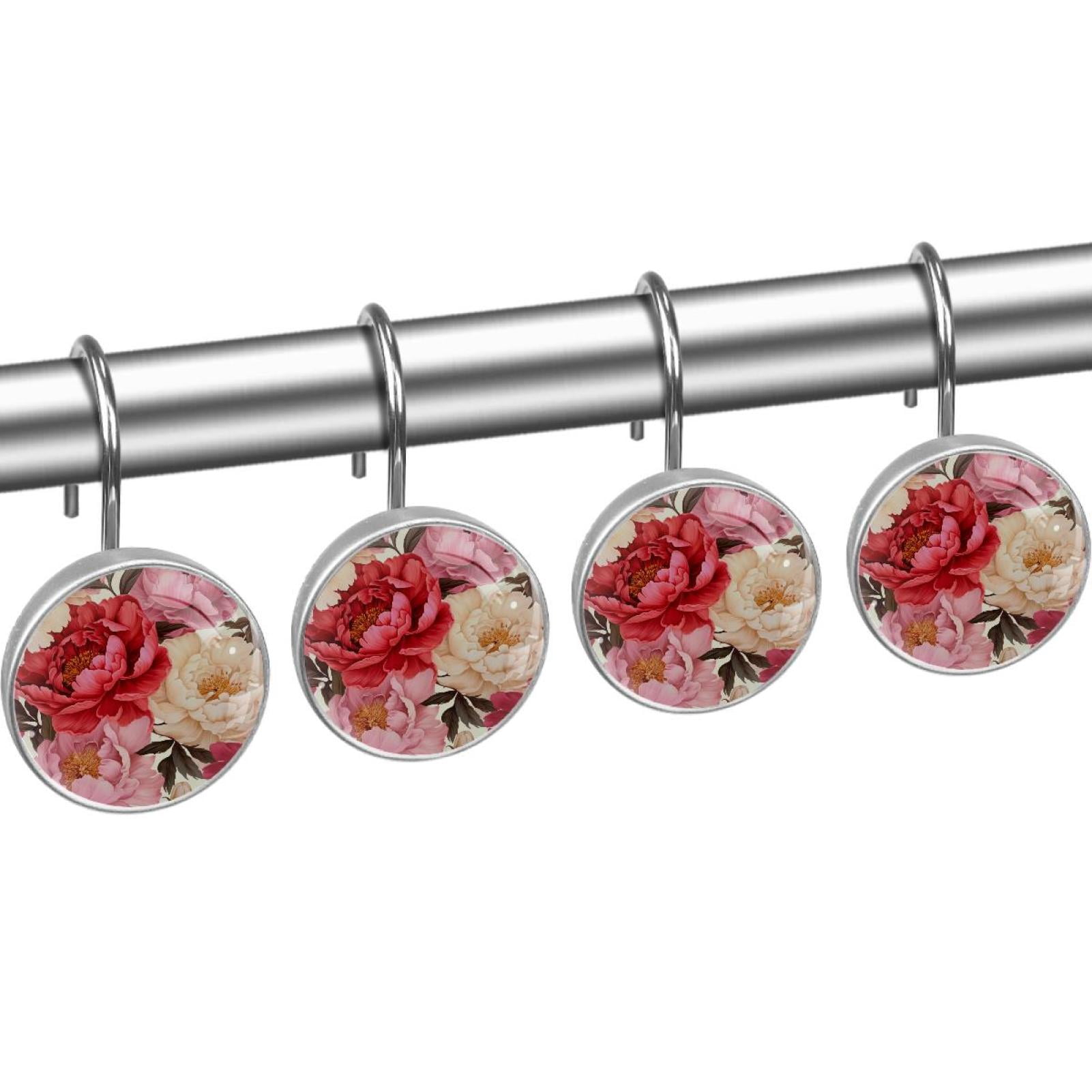Blossom Peony Flowers Rolling Shower Curtain Hooks, Clear Crystal Glass Art Decorative Stainless Bath Bathroom Set 12 Pcs