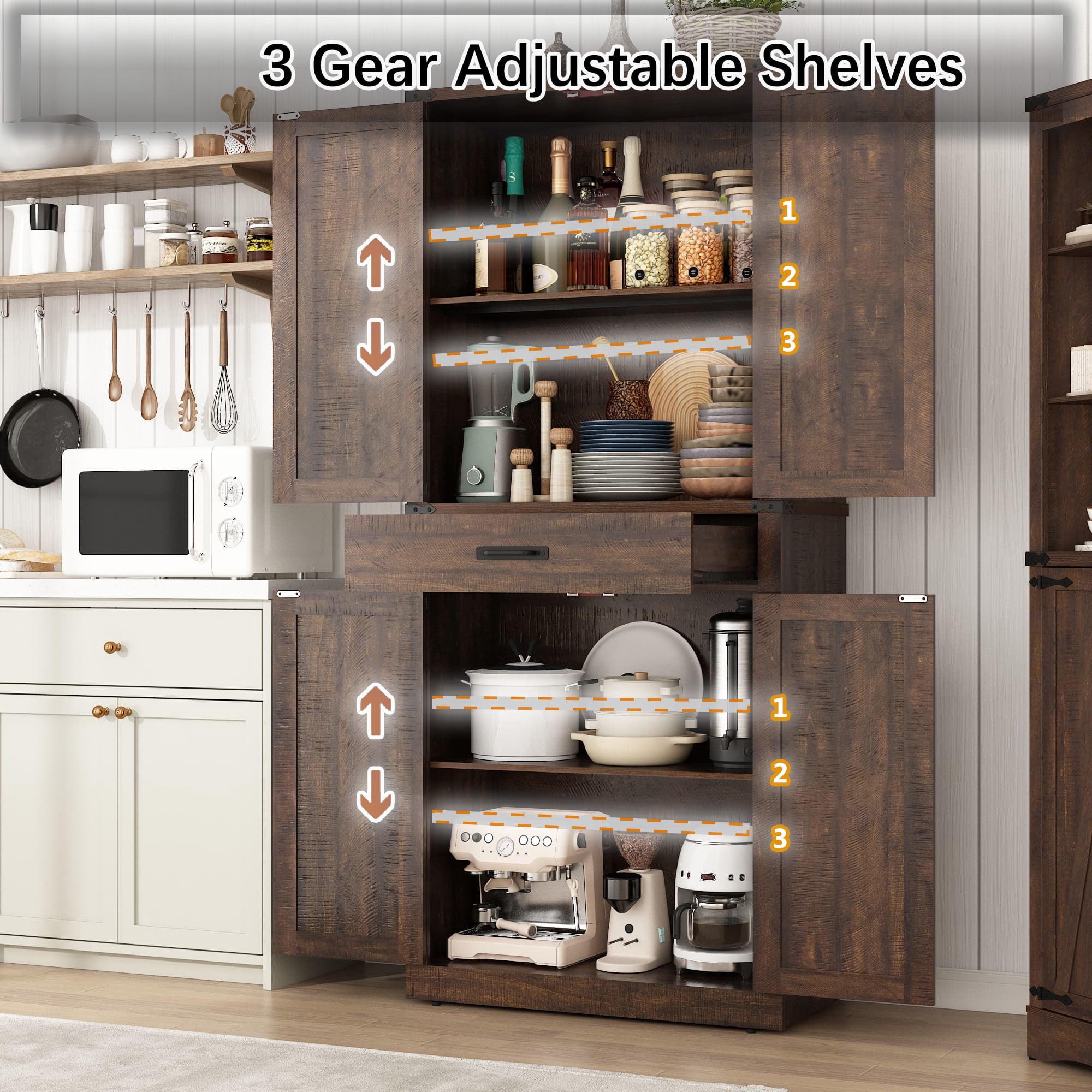 72" Tall Kitchen Pantry, Farmhouse Pantry Cabinet with 1 Drawer & 4 Layer Adjustable Shelves, Rustic Wood Storage Cupboard with Metal Load-Bearing Pipe for Kitchen Bathroom Living Room Hallway