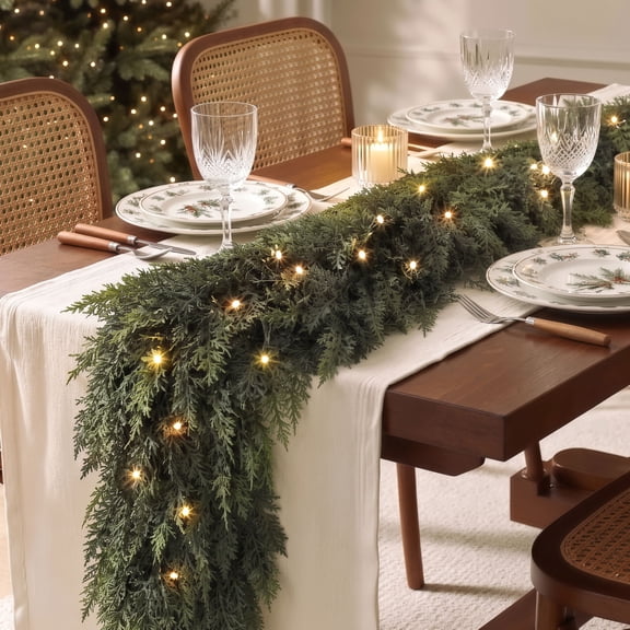 Scidweet Christmas Garland with Lights, 9FT Real Touch Artificial Cedar Pine Prelit Greenery Garlands for Home Table Mantle Fireplace Door Indoor Outdoor Christmas Decor