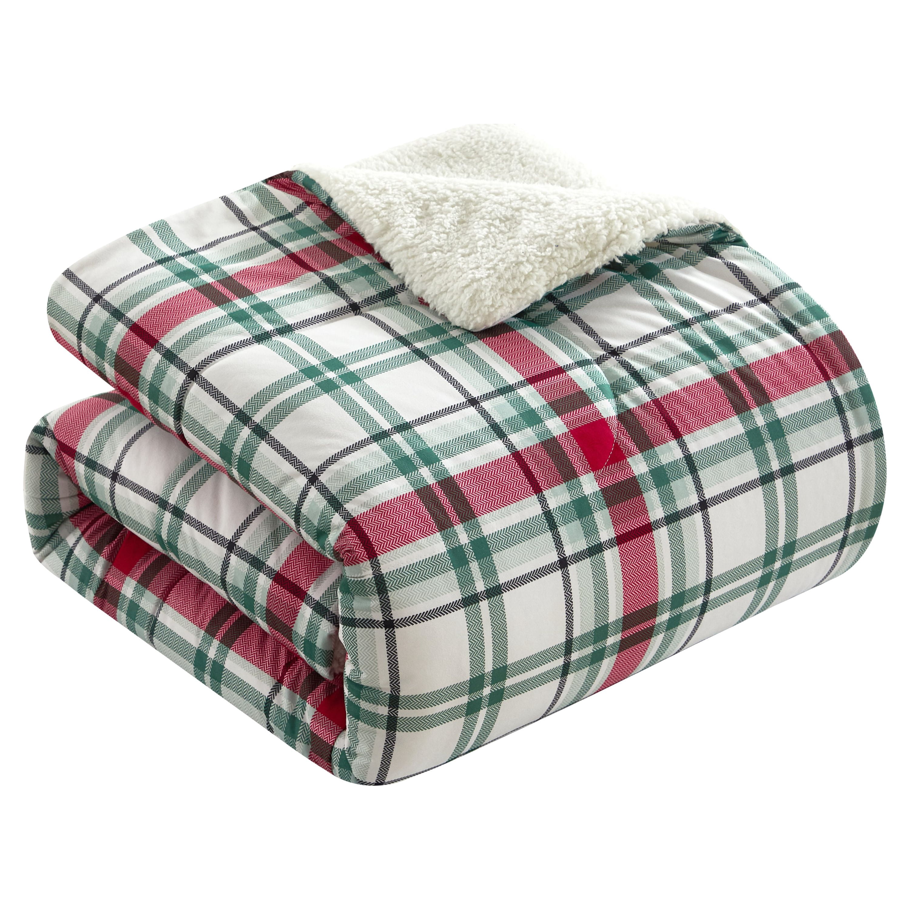 Mainstays 3 Piece Red Green Plaid Comforter Bedding Set, Twin