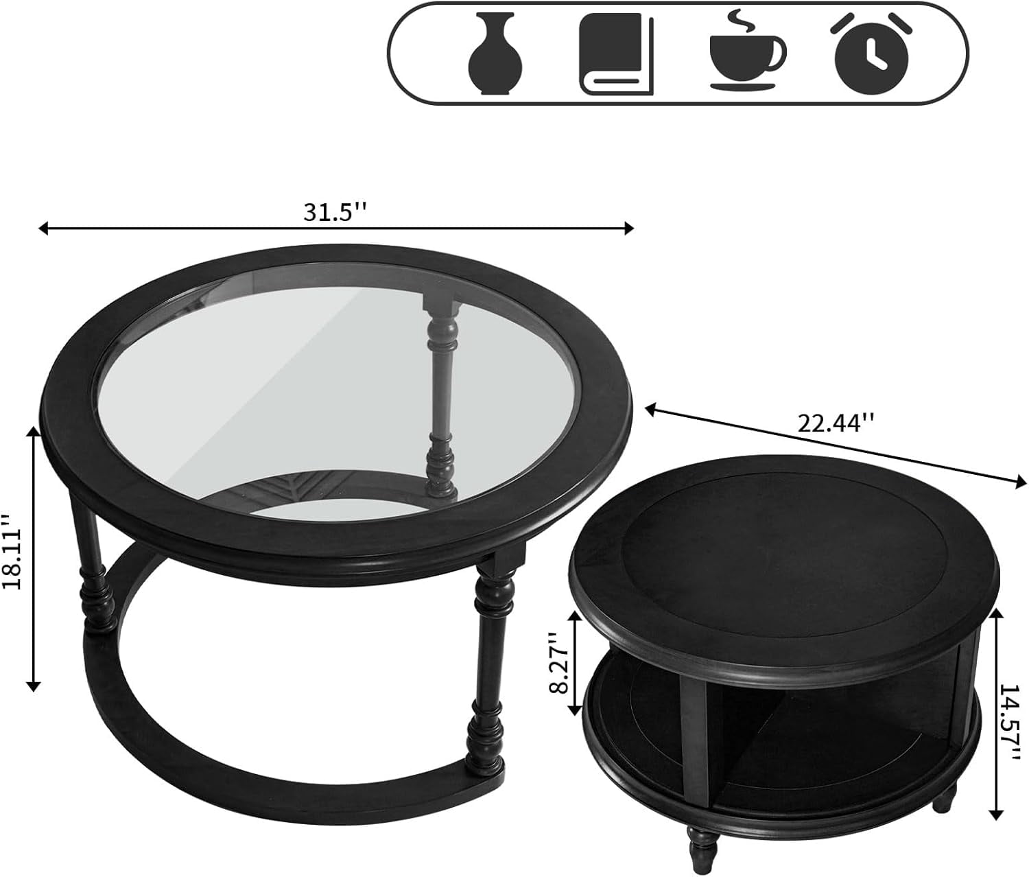LKTART Nesting Coffee Table for Living Room,Round Tempered Glass Solid Wood Nest Coffee Tables with Storage,Retro Small Accent Center Table
