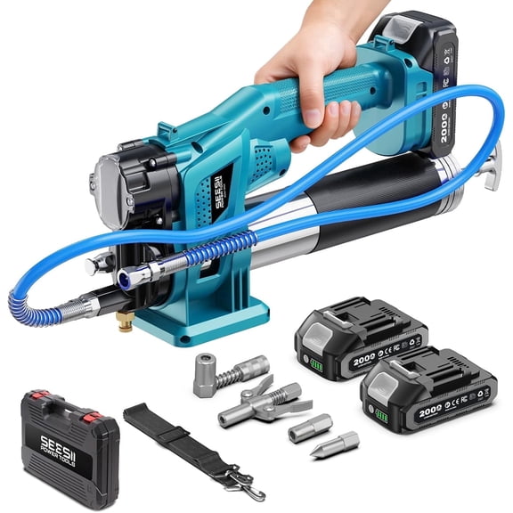 Seesii Cordless Electric Grease Gun Kit 10000PSI 4.6 oz/min Battery Powered Grease Gun with 2 Batteries, 39.4" Flexible Hose, 90 Degree Coupler, 3 Tips for Greasing