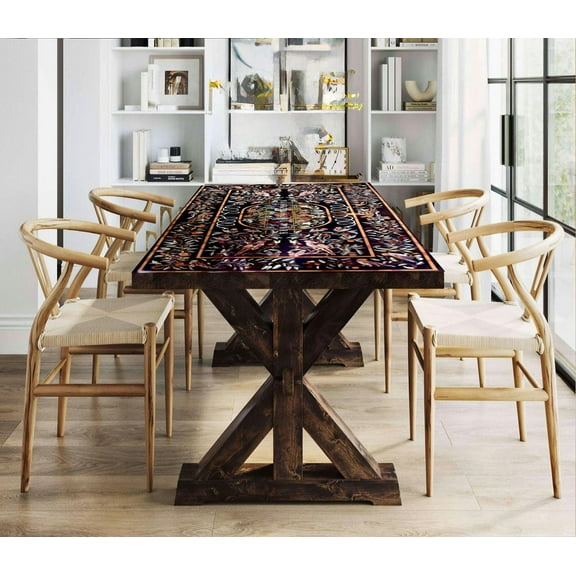 Exquisite Handmade Black Marble Dining Table Top with Intricate Semi-Precious Stone Inlay Luxurious Handcrafted Tabletop for Elegant Interiors-30x60 Inch