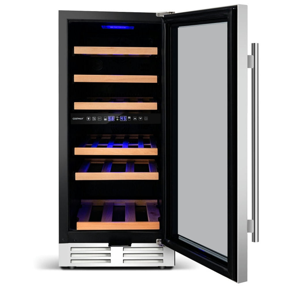 Spaco 30-Bottle Freestanding Wine Cooler with Dual Tempered Glass Door, Wine Cooler with Temp Memory and Dual Zones, Wine Cooler for Indoor, Silver