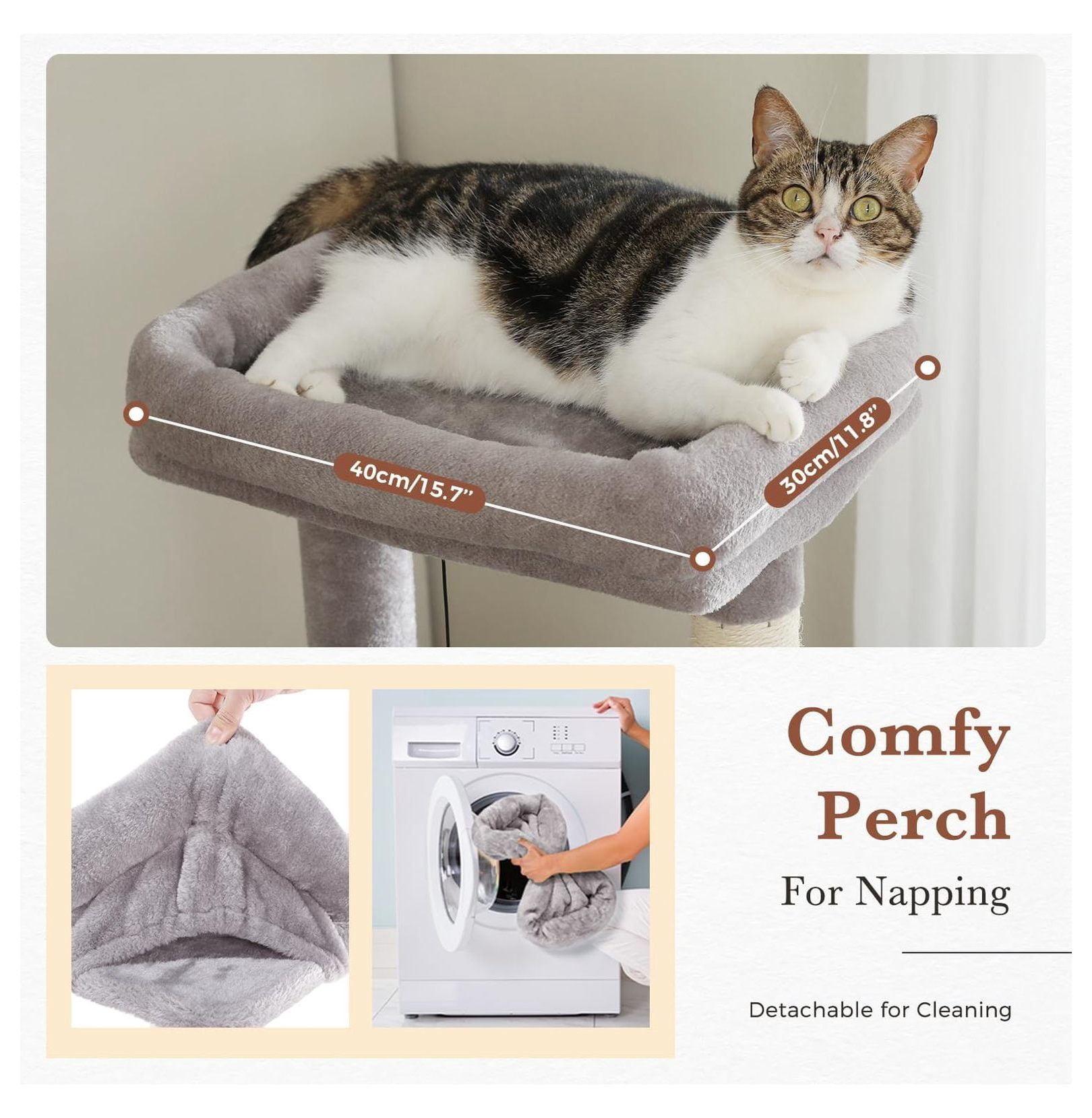 60'' Cat Tree Tower, Large Cat Condo Indoor, Wide Perch, Hammock, Sisal Scratching Posts for Adult Cats, Gray