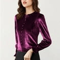 thumbnail image 6 of Women's Long Sleeve Velvet Shirts Soft Crew Neck Dressy Casual Blouses with Ruffled Detailing Solid Color Tops (XL, Purple), 6 of 7