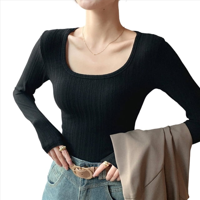 Camisetas de Larga para Mujer, Blusas de Cuello Cuadrado, Blusas Básicas de Punto Acanalado, Conjuntos de Otoño, Ropa de Moda Negro XXL