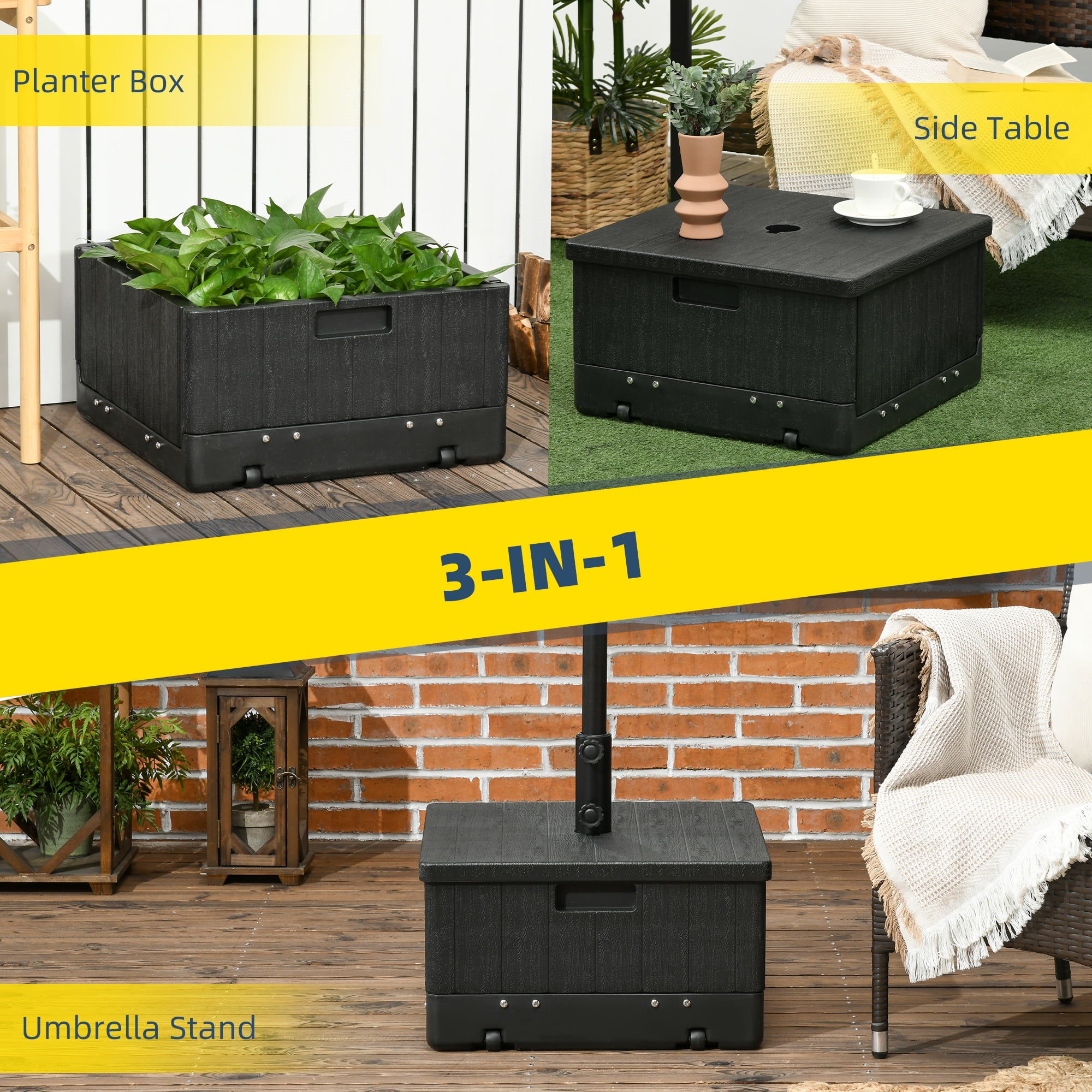 3-in-1 Outdoor Umbrella Base, Coffee End Table, Flower Box Planter, 175lbs Capacity Patio Umbrella Stand Table with Wheels and Handles, Black