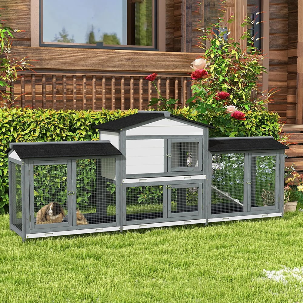 Spaco 90.5" Wooden Rabbit Hutch Bunny Cage Pet Playpen House Enclosure with Double Side Run Boxes, for Guinea Pig and Small Animals, Light Gray