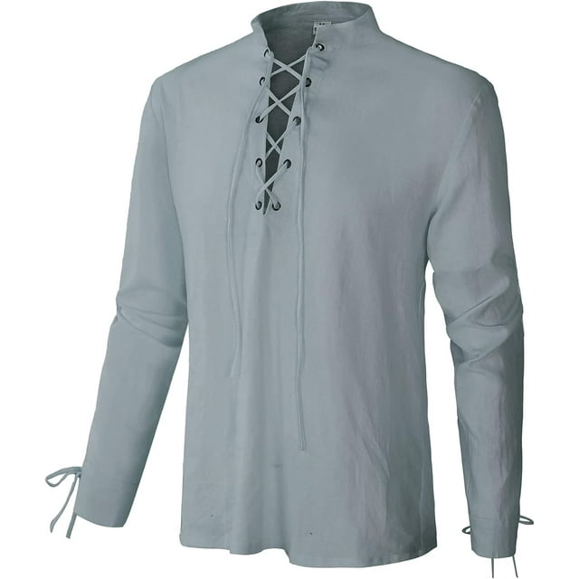 Chemise en Lin à Manches Longues pour Hommes Lacée Col en V Viking Médiéval Pirate Haut