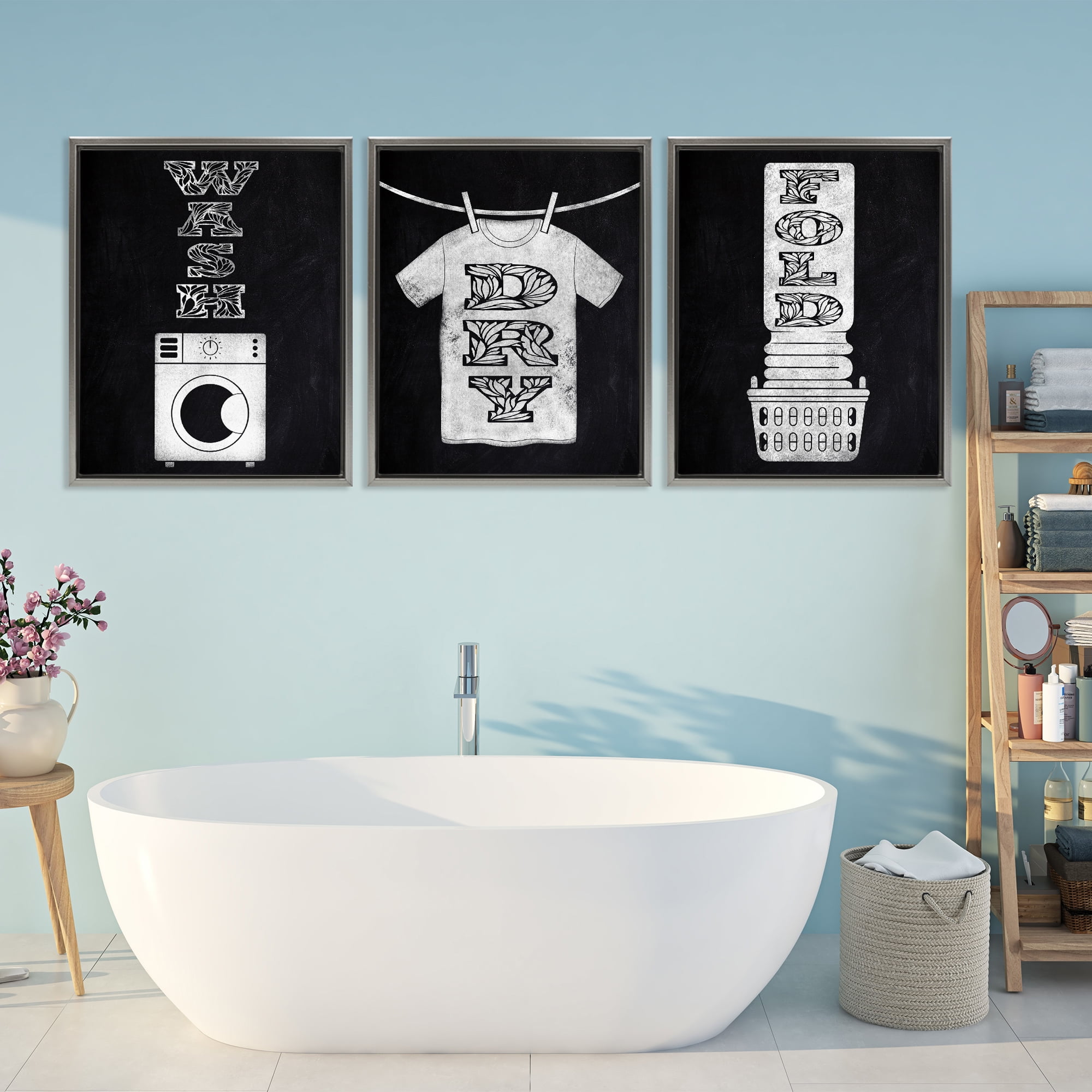Wash & Dry Ornate Letters 3 Piece Gray Framed Floater Canvas Set, design by Marcus Prime