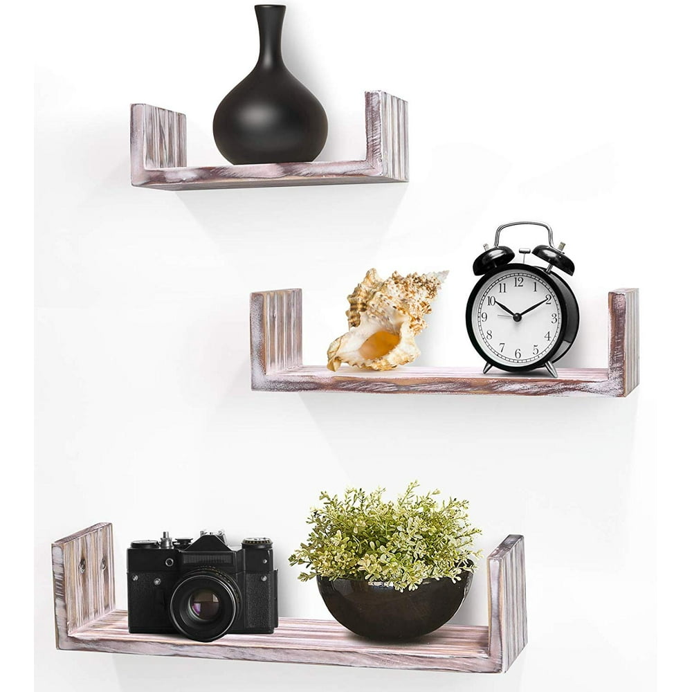 Greenco Set of 3 Rustic U Floating Shelves, Decorative, Decor Display.