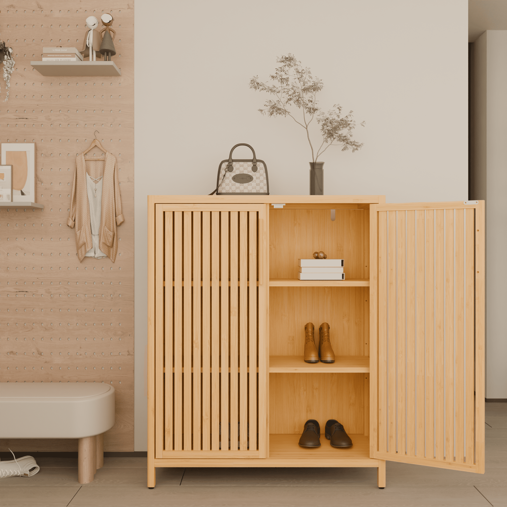 Yoneston Bamboo Storage Cabinet with Doors, Home Office 3-Tier Shoe Rack Shelves for Entryway, Bathroom, Living Room Natural