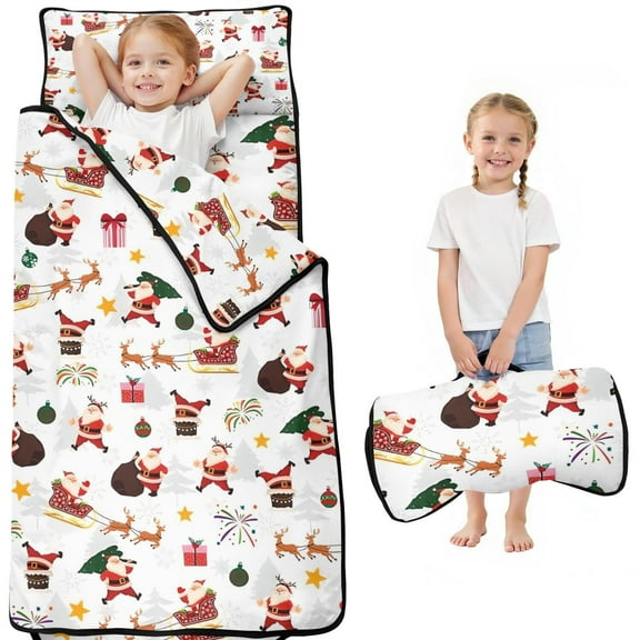 White Christmas Santa Pattern Toddler Nap Mats for Kids Preschool,50"x20" Sleeping Mat Bag or Kids,Toddler Sleeping Bag,Toddler Nap Mat or Daycare