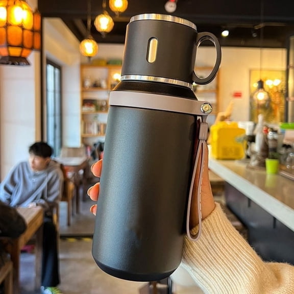 20oz Tea Tumbler with Infuser Thermal Flask for Hot Water Coffee Stainless Steel Vacuum Insulated Bottle Carry Strap 5 Colors(Black)