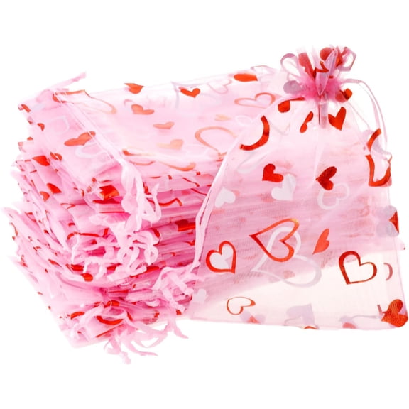 Love Heart Printed Valentine Candy Bags Organza Bags Gift Jewelry Bags for Wedding Valentine's Day Mother's Day Party 4 x 6Inch (50)