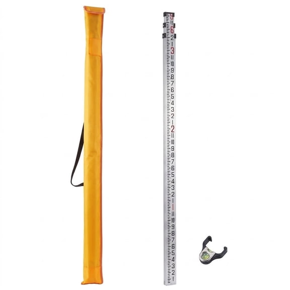 Aluminum Grade Rod 9 ft, 3-Section Telescopic Leveling Survey Rod, Double-Sided 1/8 in Scale with Bubble Level and Carrying Bag