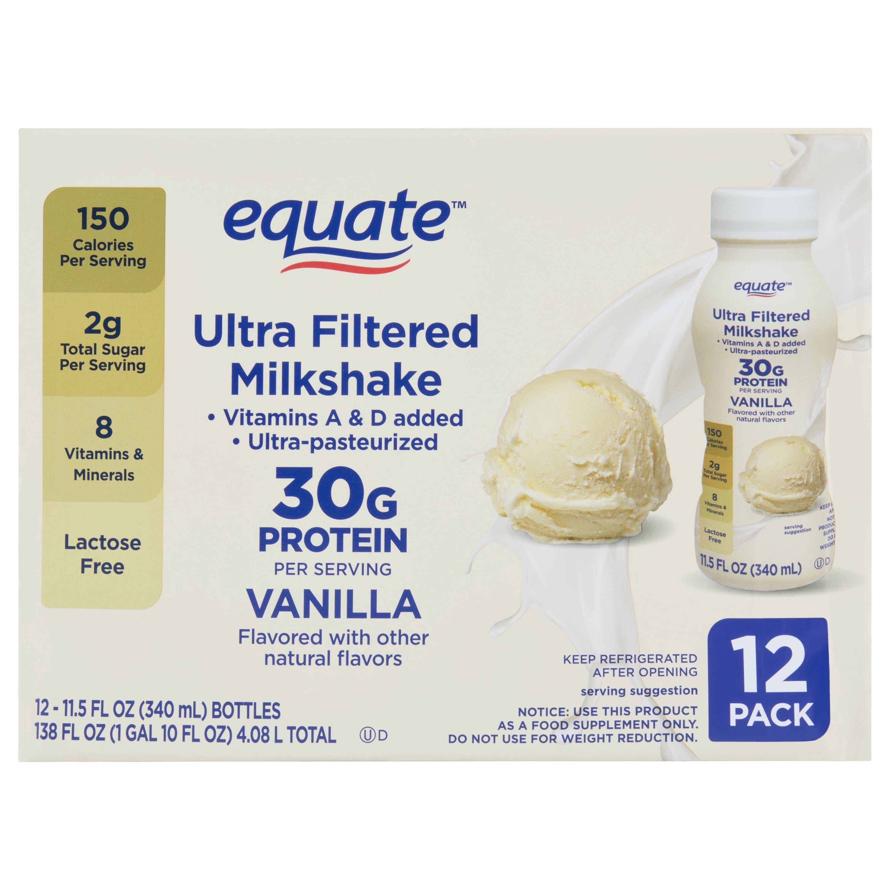 Equate Ultra-Filtered Protein Milkshake, Vanilla, 11.5 fl oz, 12 Count