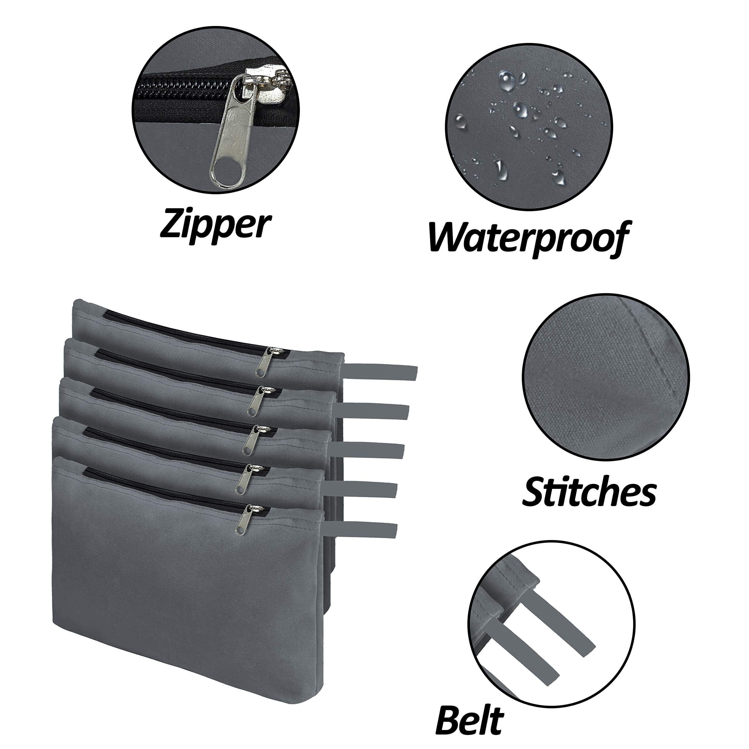 COVERS&ALL Tool Bag, 12 Oz Heavy Duty Waterproof Pouch with Sturdy Zipper, Utility Multipurpose for Tools Storage Makeup (Pack of 5, Grey)