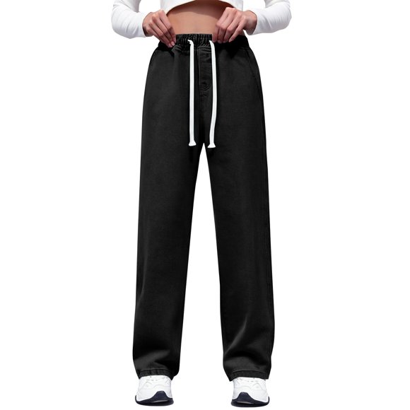 Women's Elastic Waist Wide Leg Jeans, Drawstring Straight Leg Denim Pants, Comfortable Loose Fit Trousers, Casual Fashion Bottoms, Versatile Everyday Wear, Classic Style Jeans Black M