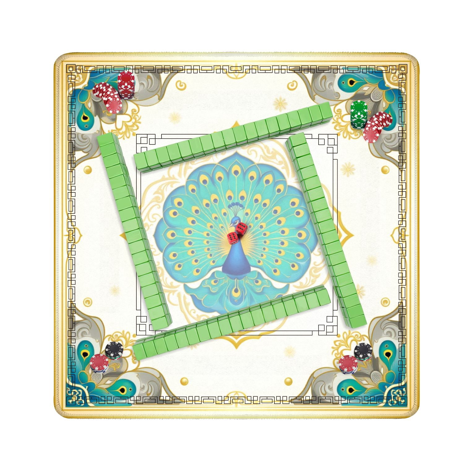 Mahjong Mat 31.5" x 31.5" Elegant Peacock Vibrant Blue Green Feathers Ornate Gold Frame Non-Slip Noise Reduction American Mahjong Tiles Table Cover for Dominoes Poker Card Board Games Gift