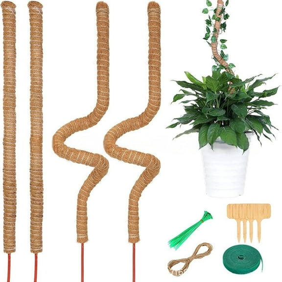 Adjustable Moss Pole for Indoor Plants - Coconut Fiber Climbing Support with Natural Moss(Set combination (4x40in)  T-shaped standard   hemp rope   hook and loop   Fishbone tie)