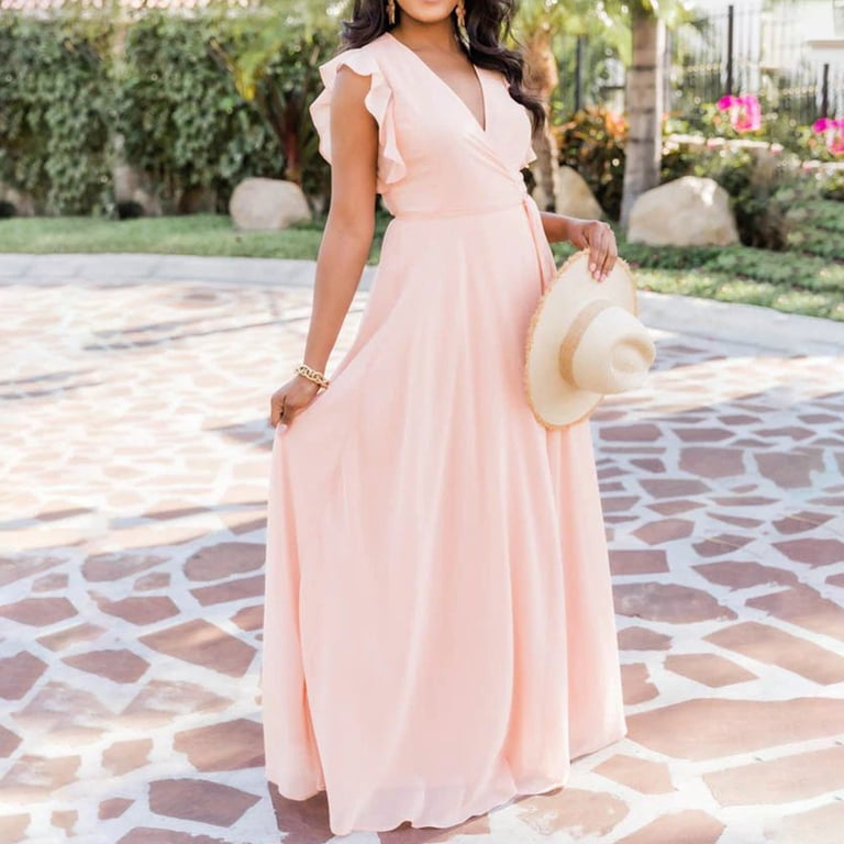 formal summer dresses 2025 Wycnly Summer Dresses for Women Casual Ruffle Sleeve Empire Waist Wedding  Guest A Line Maxi Dresses 2025 Sleeveless V-Neck Solid Long Formal Dress  Orange s