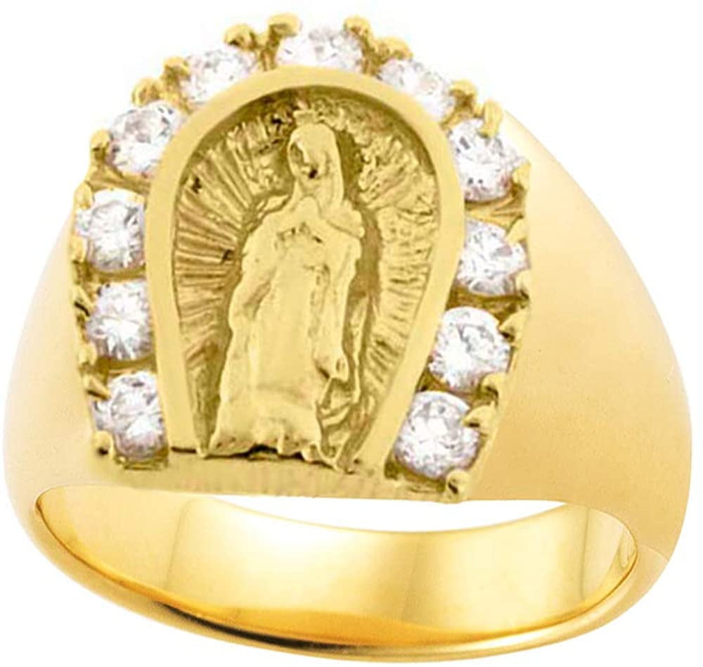 Savlano 18K Yellow Gold Plated Horseshoe Lady of Guadalupe Virgin Mary with  Round Cut Cubic Zirconia Women's Girl's Religious Ring