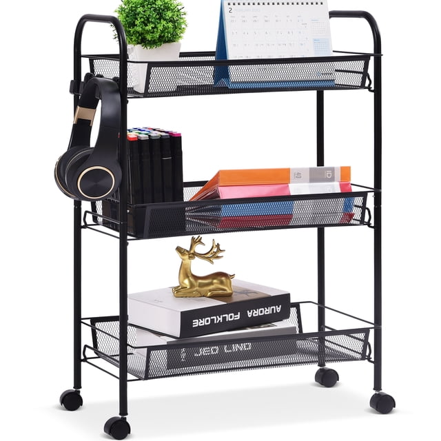 Kingrack Chariot Roulant, Chariot Utilitaire en Métal à 3 Niveaux avec Roues pour Bureau et Maison, Noir