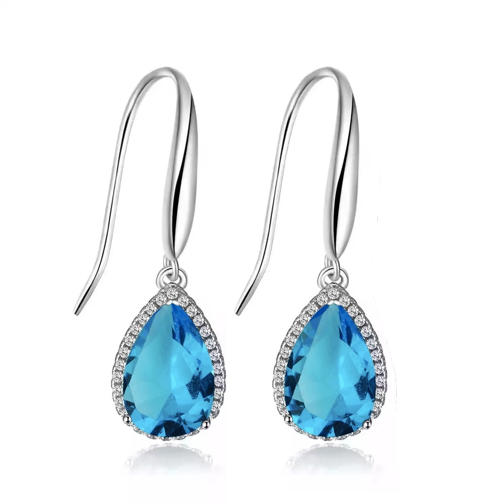 14k White Gold 1/2 Ct Created Blue Topaz Teardrop Earrings Plated