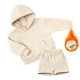 thumbnail image 2 of LYMAYTER Kids Unisex Warm Sweatshirt Outfit Toddler Hoodie Fleece Long Sleeve T-Shirt Tops + Jogging Shorts Set for 1-14 Y 2PCS, 2 of 9