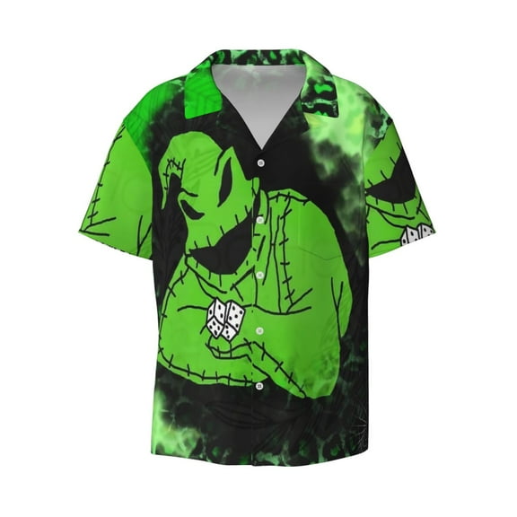 Oogie Boogie Men's Hawaiian Shirt Cuban Guayabera Collar Short Sleeve Casual Button Down Shirts Tropical Holiday Beach Shirts Small