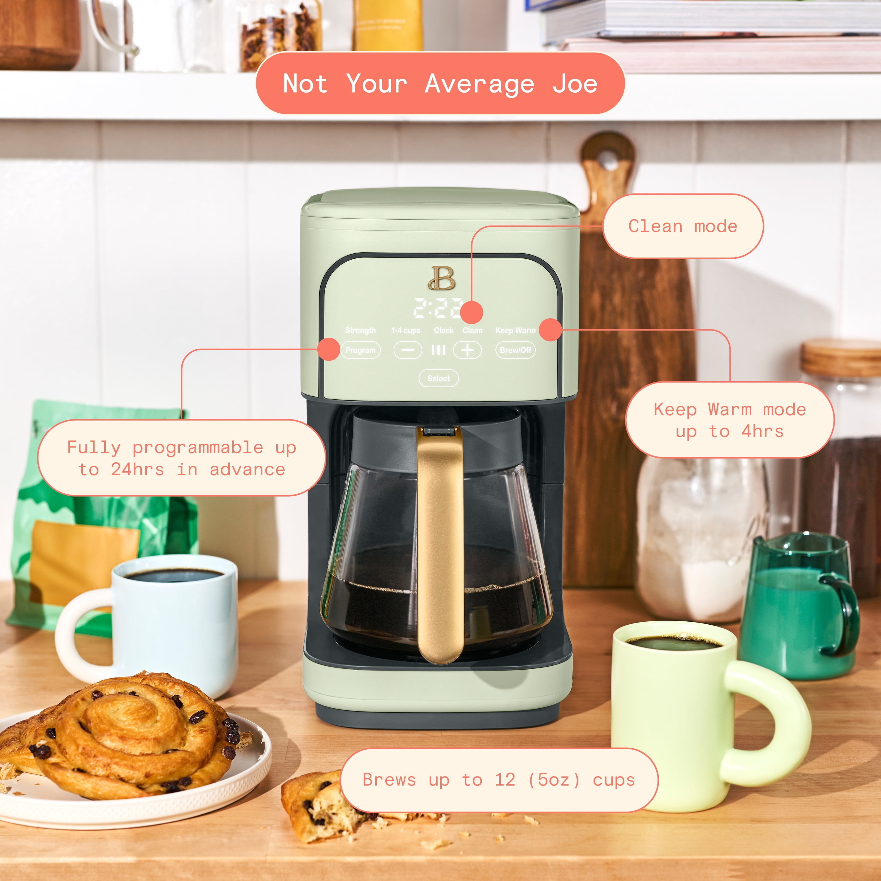Beautiful 12 Cup Programmable Coffee Maker, Sage Green by Drew Barrymore