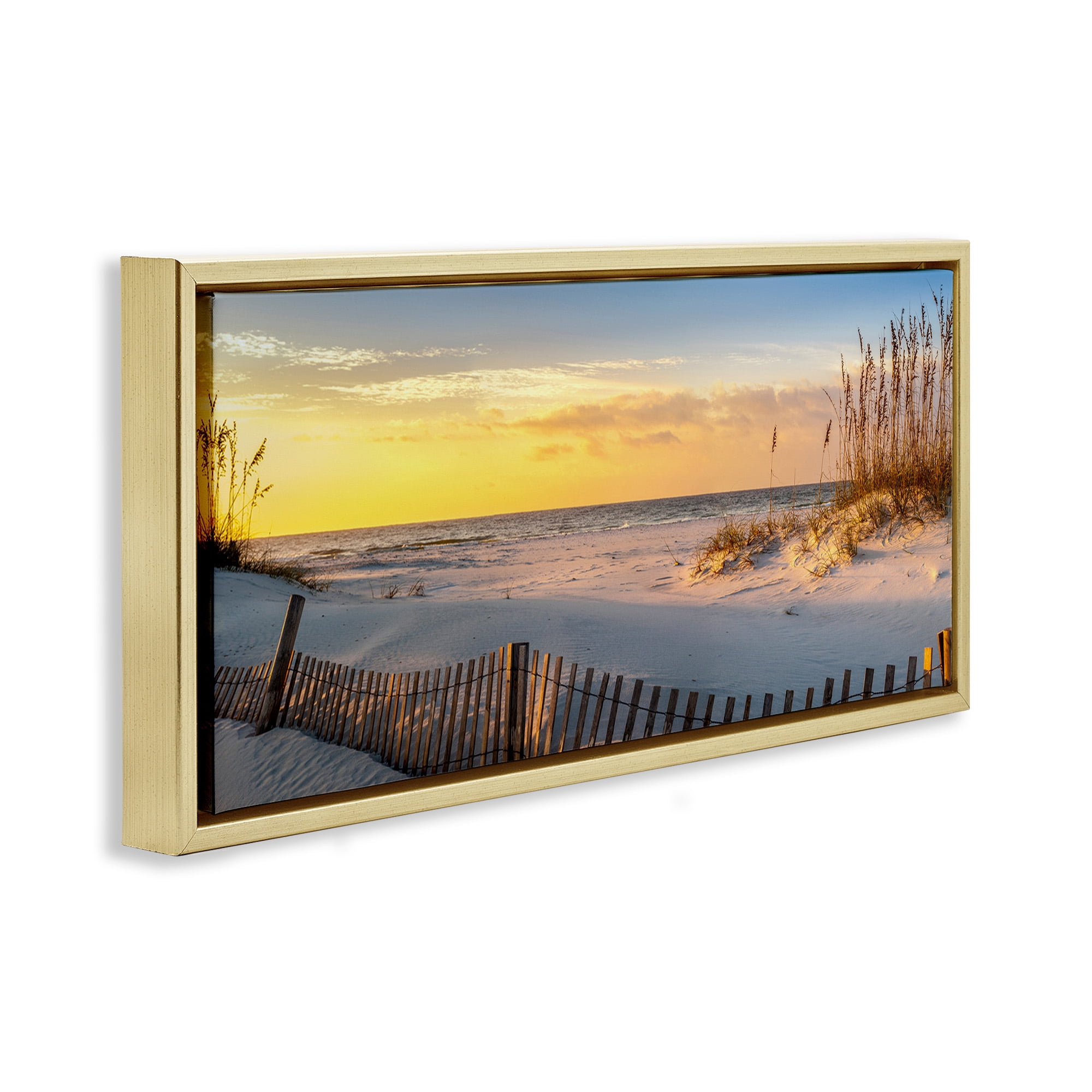 Stupell Industries Panoramic Coastal Beach Sunrise Nature Photography Gold Floater Framed Canvas Art Print Wall Art, 31 x 14