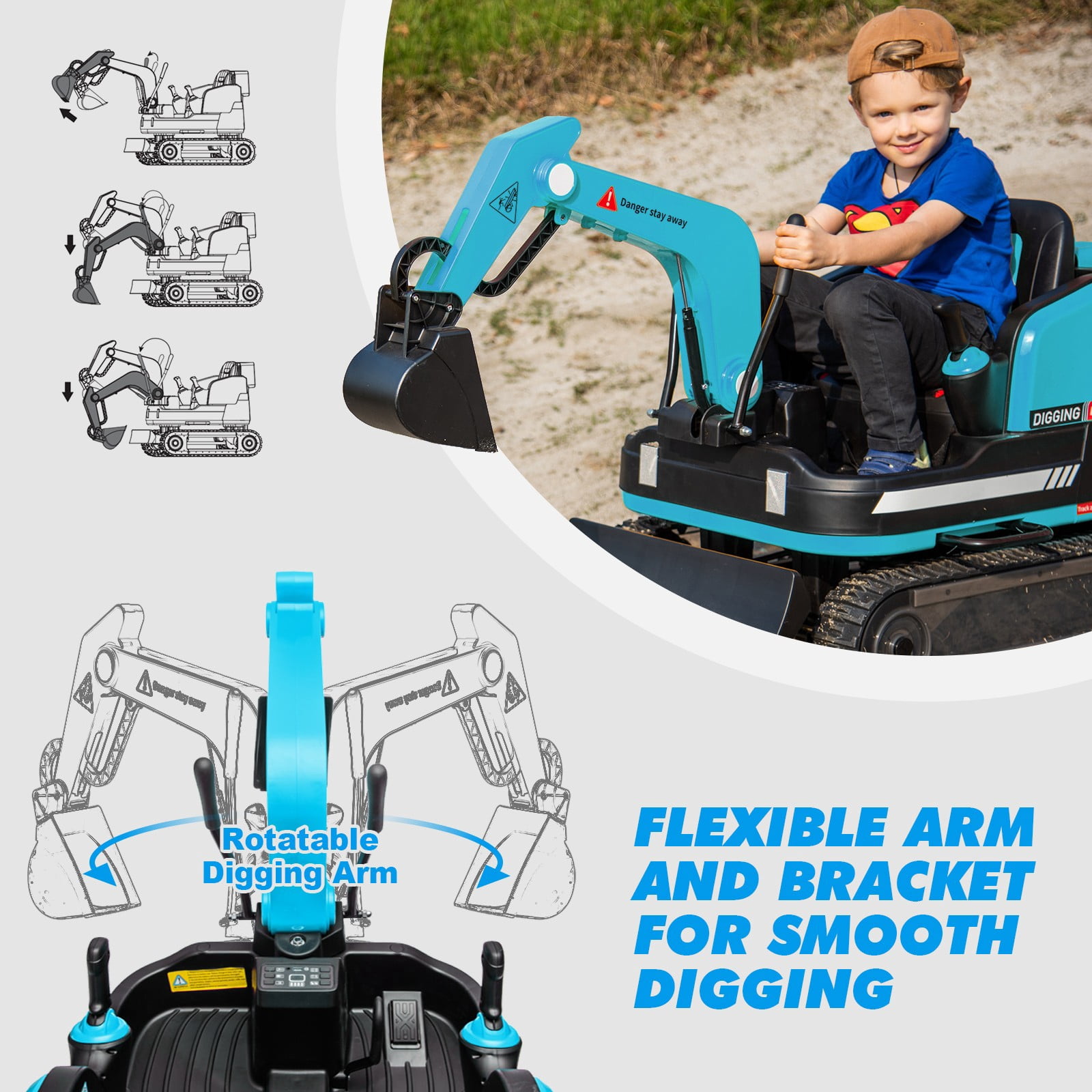 2 IN 1 12V12AH Powered Kids Ride on Excavator Bulldozer 360°Electric Traxcavator 3-Speed w/Music,Toolbox,Remote Control（Blue）