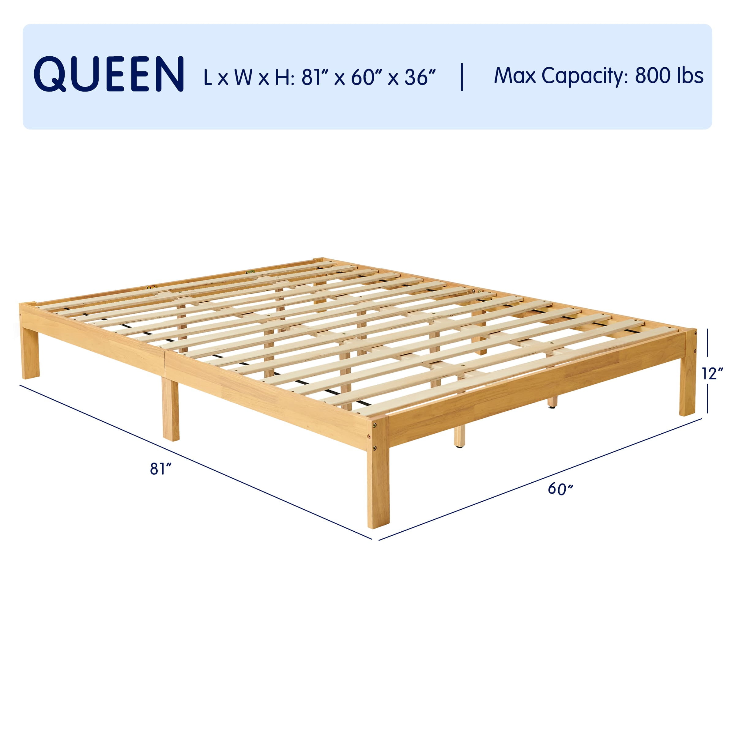 Subrtex 12" Solid Wood Platform Bed Frame with Wooden Slats, Natural Wood, Queen