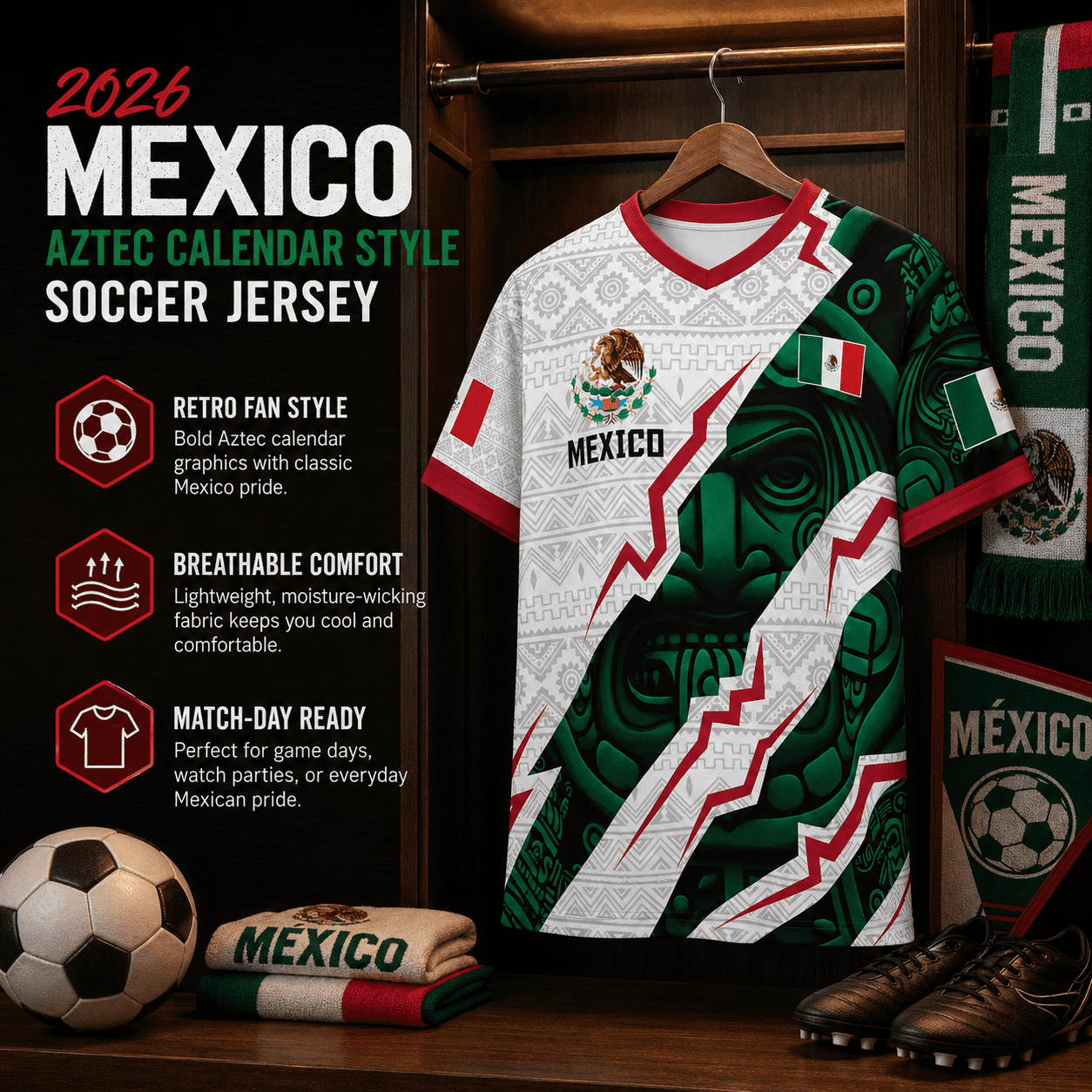 2026 Mexico Aztec Calendar Style Soccer Jersey, Men’s V-Neck Short Sleeve Fan Shirt for Game Day, Training, Travel, and Casual Wear