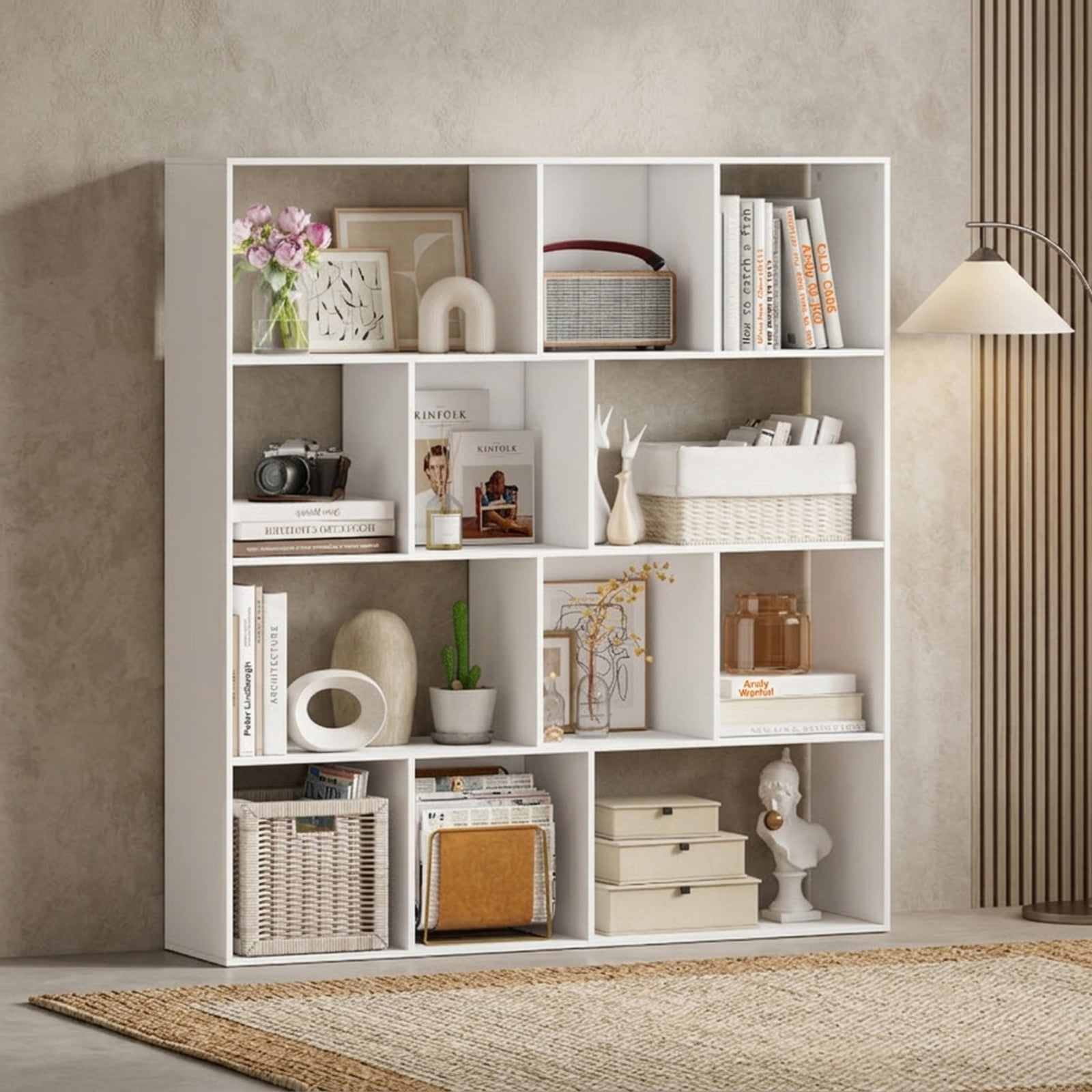 Furnibear Open Shelf Bookcase 4-Tier Large Bookshelf with 12 Storage Compartments and Anti-Tipping Kits for Home Office, White