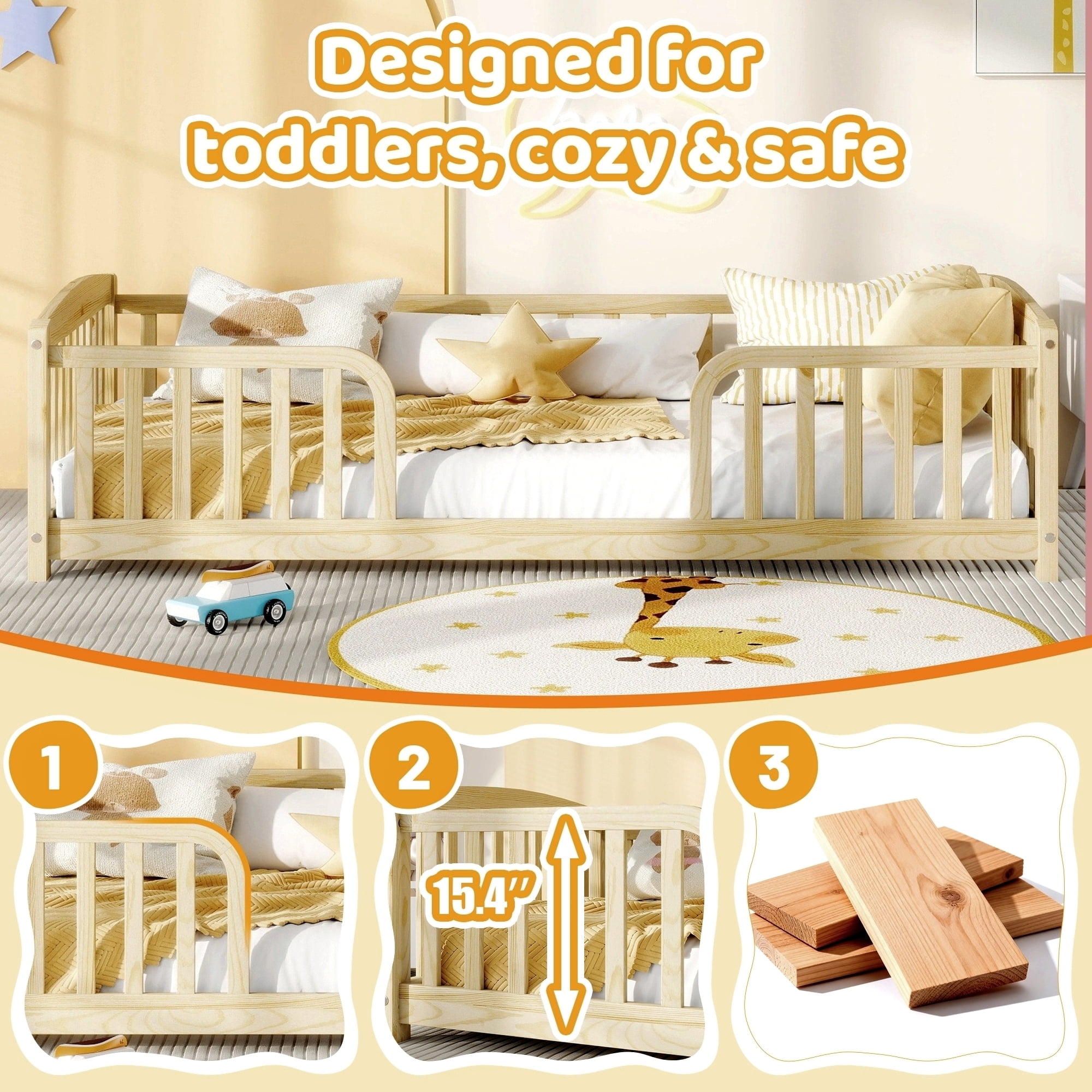 Mintazer Twin Size Toddler Floor Bed with Guardrails & Central Entrance, Natural