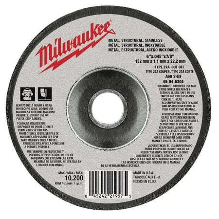 UPC: 0045242219575 | Milwaukee-49-94-6305 6 in. x .045 in. x 7/8 in. Cut-Off Wheel (Type 27)