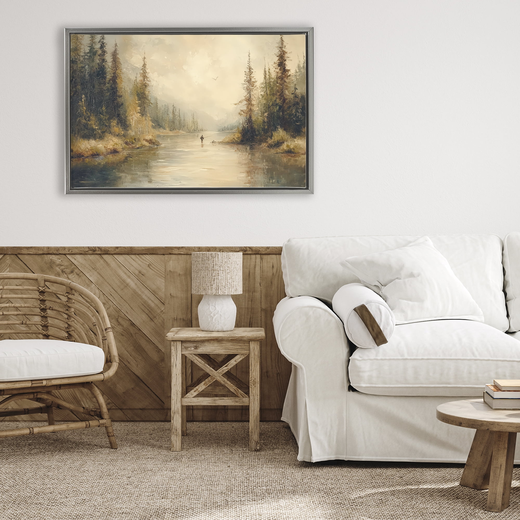 Stupell Industries Fly Fisher at Misty River Gray Framed Floater Canvas Wall Art, design by Petal Prints Design