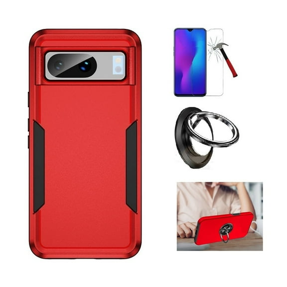 For Google Pixel 8 Pro Case, TPU Hard Cover Case Ring/ Tempered Glass (Red)