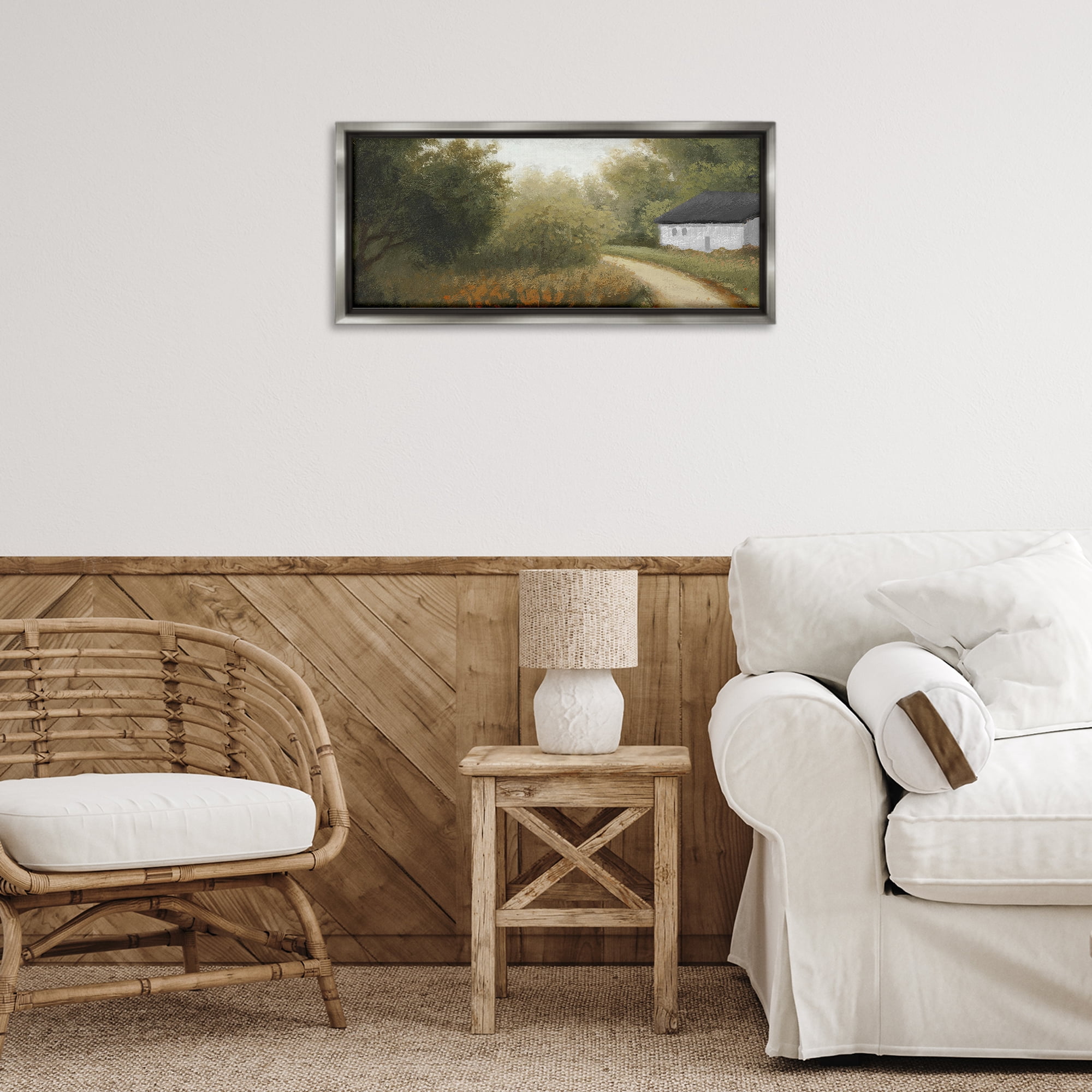 Stupell Industries Charming Country Road Landscape & Nature Painting Gray Floater Framed Canvas Art Print Wall Art, 25 x 11