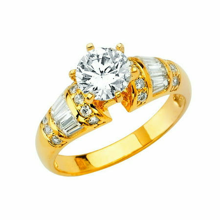 Solid 14k Yellow Gold 6 Prong CZ Cubic Zirconia Round Cut Wedding Engagement Ring With Baquette Setting (1.25 (Best 7 Band Eq Settings)