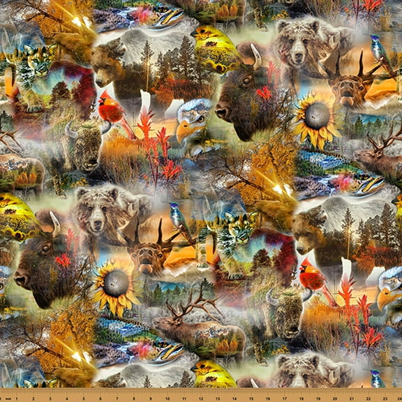 Cotton Nature Woven by Travis Glasgow Earth Animal Birds Bears Buffalo Elk Nature Hoffman California Fabrics Cotton Fabric Print by the Yard (W5520-58-EARTH)